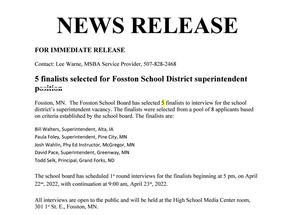 5 finalists selected for Fosston School District superintendent position