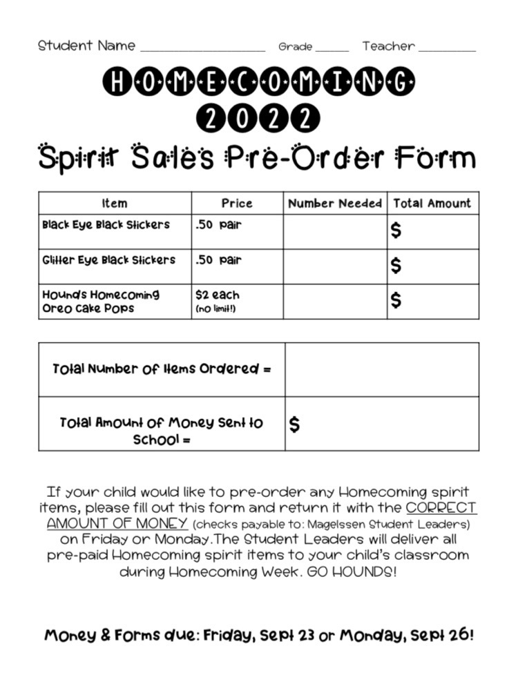 Hoco Spirit Week Pre-Order Form
